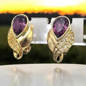 Leaf Shaped Earrings Deep Purple Crystal Clustered Rhinestones Clip On Vintage